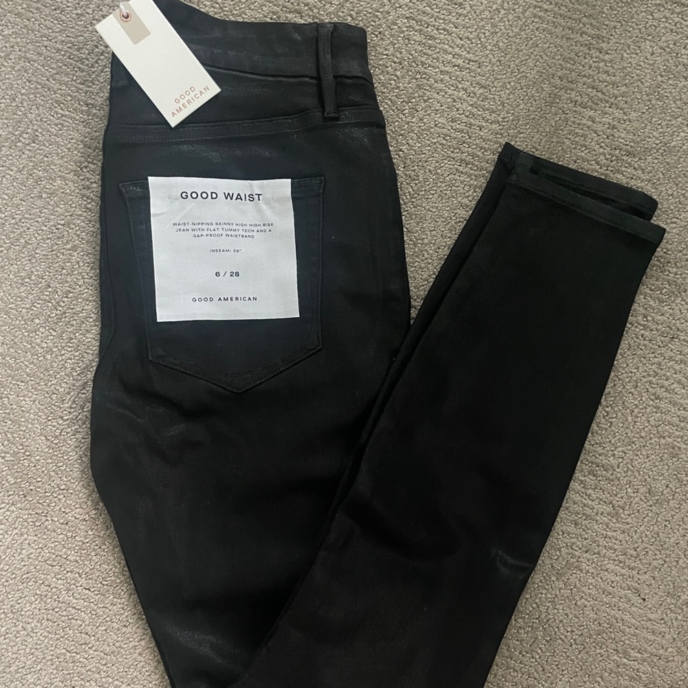 NWT Good American Black Coated Good Waist Jean w/ Lace Front